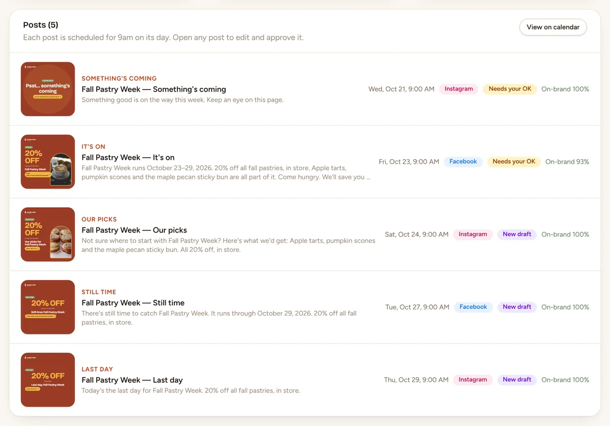 A promotion campaign with five dated posts for Fall Pastry Week, each with its image, day, platform and brand check.