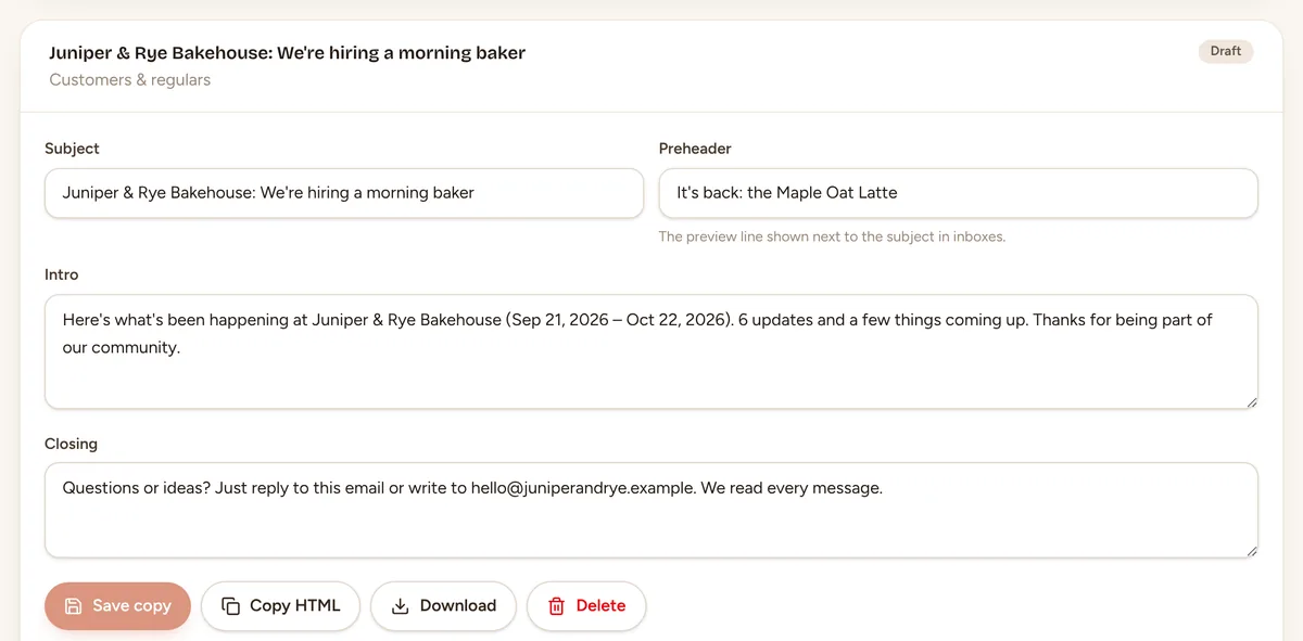A newsletter drafted from the month's posts, with its subject, preview line, intro and closing.
