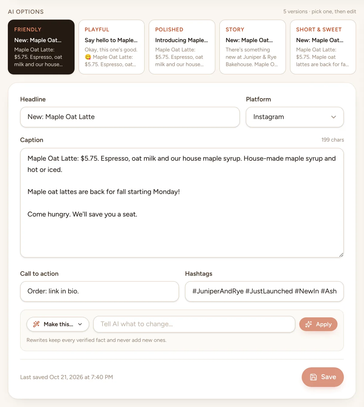 Five versions of the latte post, Friendly, Playful, Polished, Story and Short & sweet, above its headline, caption, call to action and hashtags.